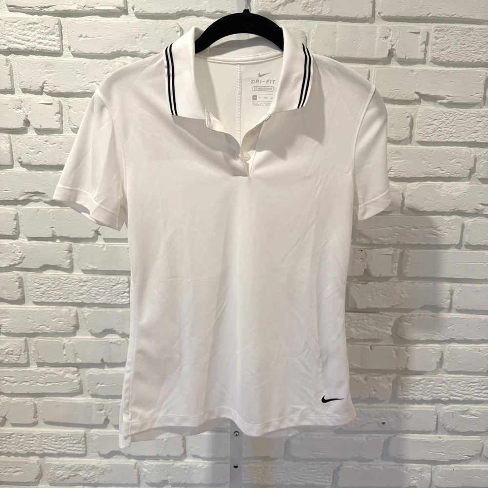 Nike Dri-Fit White Polo Shirt – Black Stripe Collar – Size XS